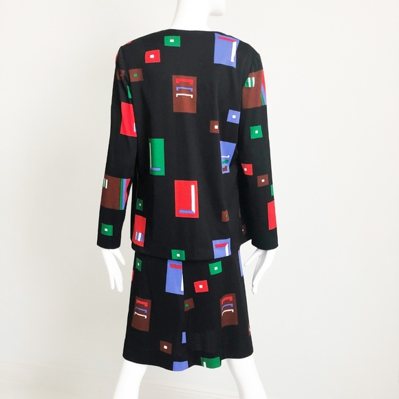 True Vintage Arpeja Mod Print Dress & Jacket Set 2pc Black Red 70s Size 12 - Picture 4 of 8